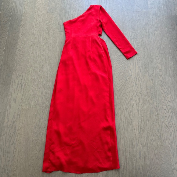 ML Monique Lhuillier One Shoulder Satin Gown Red Maxi Dress Long Sleeve - Size 2 - Picture 3 of 13